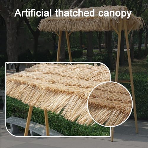 bacedifo Portable Outdoor Market Stall with Faux Thatched Canopy, Detachable Markets Stand, Roll-up Tabletop, Triangular Structure, Metal Frame, Product Display Rack, Height 200 Cm