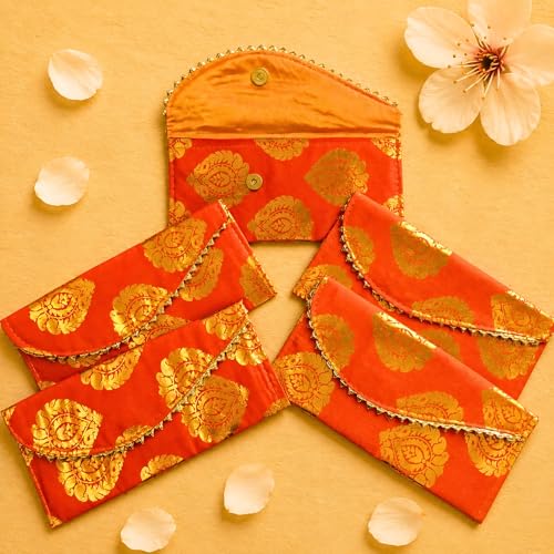 LoveNspire Brocade Fabric Money Envelopes (8 x 4 Inch) Decorative Floral Pattern Shagun Lifafa for Indian Wedding, Birthday | Cash Gift Holder & Home Savings Organizer Orange/Pack of 20