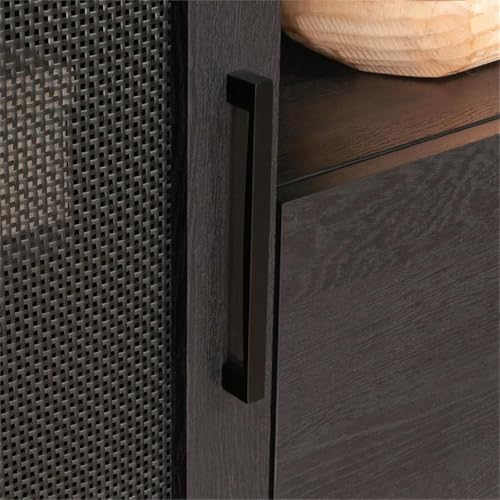 Pemberly Row Contemporary Engineered Wood Large Credenza, Raven Oak Finish, 29.76" H x 65.98" W x 20" D, File Drawer, Adjustable Shelves, Rattan Doors, Open Shelf, Cord Management, Home Office