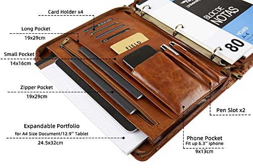 Leather Portfolio Binder - 3 Ring Padfolio Organizer, Handmade Personalized for Women, iPad Laptop for Men - Brown, Custom