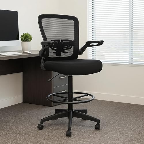 Benzara DEA Drafting Stool Chair, Flip-Up Arms, Black Mesh, Chrome Footring