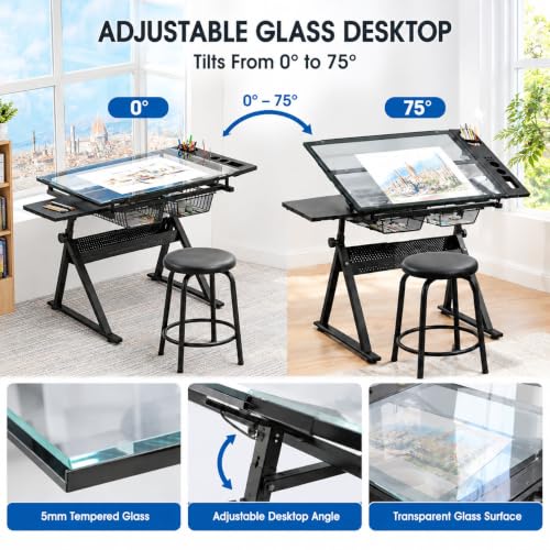 AnoYishev Adjustable Drafting Table with Stool, Tempered Glass Desktop