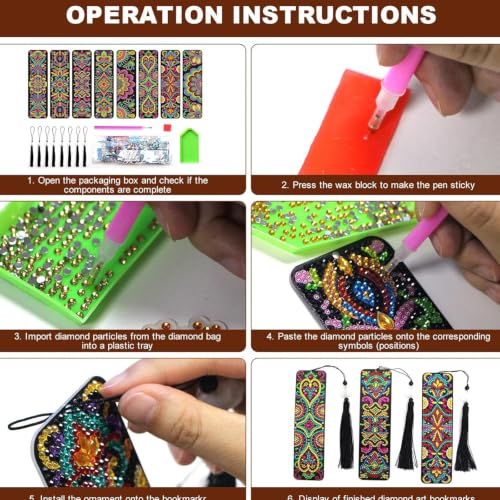 8Pcs Colorful Pattern DIY Diamond Art Bookmark with Pendant