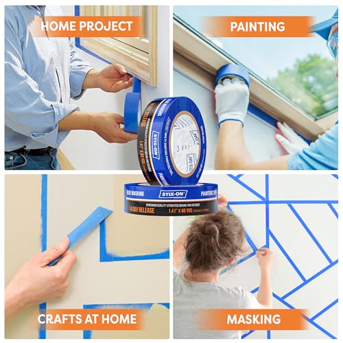 STIX-ON Painters Tape 1.5 inch Wide, 24 Roll Painting Tape, Blue Masking Tape for Painting Walls, DIY, Surface-Safe & Residue-Free, Edge Paint, 1.41 Inch X 60 Yards X 24 Rolls, Bulk