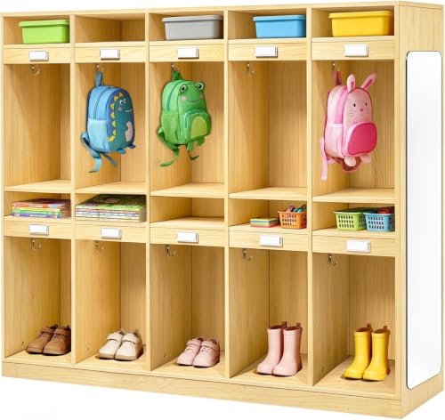 20-Section Classroom Coat Locker with 10 Cubbies, Mirror, 10 Hooks