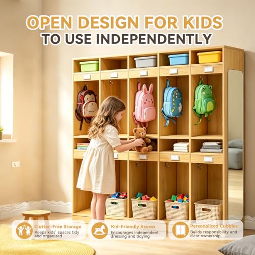 RALOZZD 20-Section Classroom Coat Locker with Layered Storage, Shatterproof Locker Mirror, Daycare Cubbies with 10 Hooks & Acrylic Name Plates, Kindergarten Lockers for School, Nursery, Home