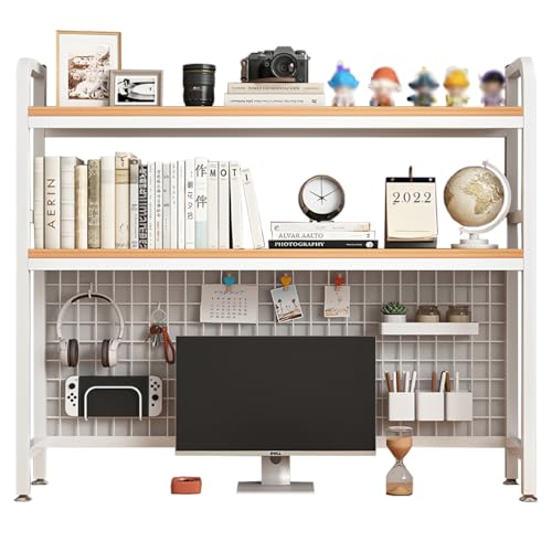Desktop Bookshelf for Computer Desk, 1~2-Tier Multipurpose Wood Hutch Bookcase Organizer, Countertop Storage Hutch with Grid Panel, Desk Shelves for Office Home Dorm,White 2tier 21in