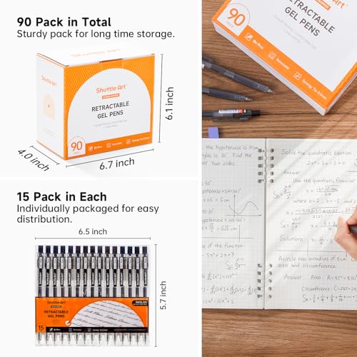 Shuttle Art Black Gel Pens, Ink Glide Series 90 Pack Retractable 0.5mm Fine Point Rollerball Gel Ink Pens Bulk Set Quick Drying Smooth Writing with Grip for Journaling Note Taking Office School Home