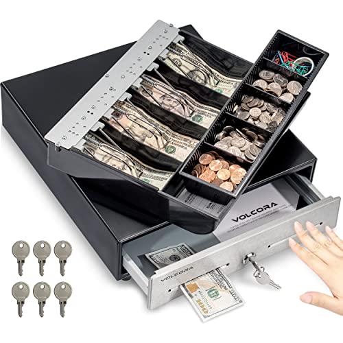 Volcora 13" Manual Push Open Cash Register Drawer for Point of Sale (POS) System - Black with Stainless Steel Front Touch Panel - with 4 Bills and 5 Coin Slots, Fully Removable Money Tray