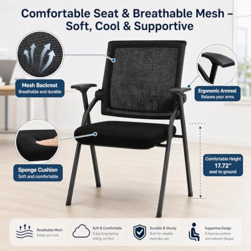 Yellulu Arm Chair, 2 Pack Folding Office Desk Chair, Mesh Guest Reception Stack Chairs, Executive Office Chairs for Conference Waiting Room, with Arms - Anti-Slip Feet - Mesh Net Back, Black