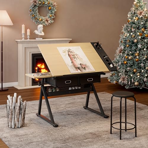 WZONICE98 Adjustable Drawing Desk with Stool 2 Drawers Tiltable Drafting Table Height Adjustable Craft Desk Bottom Angle Legs Adjustables for Home Office Study Art Maple Finish Metal