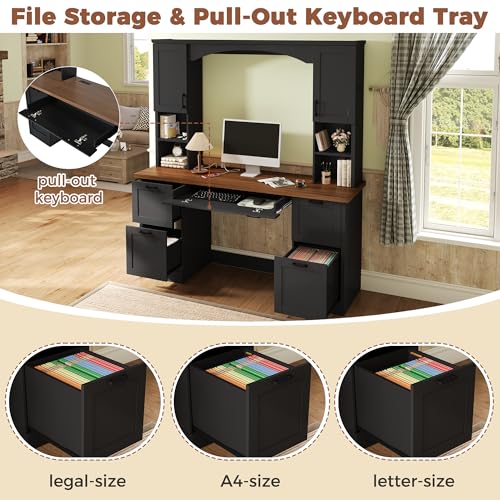 roomfitters Farmhouse Arched Computer Desk with Hutch, Home Office Writing Workstation Charging Station File Drawer, Black