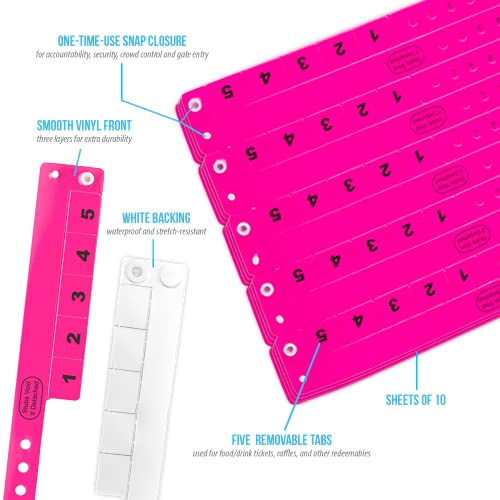 500 WristCo Neon Pink 5 Tab Vinyl Cash Tag Wristbands for Events