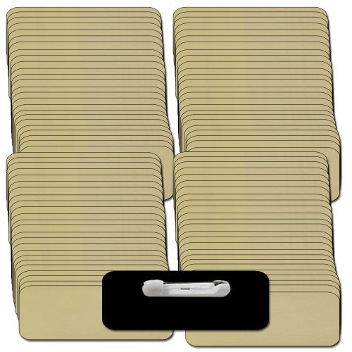 Name Badges with Pin Fasteners - 100 Pack Kit Includes Crystal Clear Gloss Printable Labels - Gold Name Badges with 1/4th Rounded Corners 1.25 X 3 Inch Size