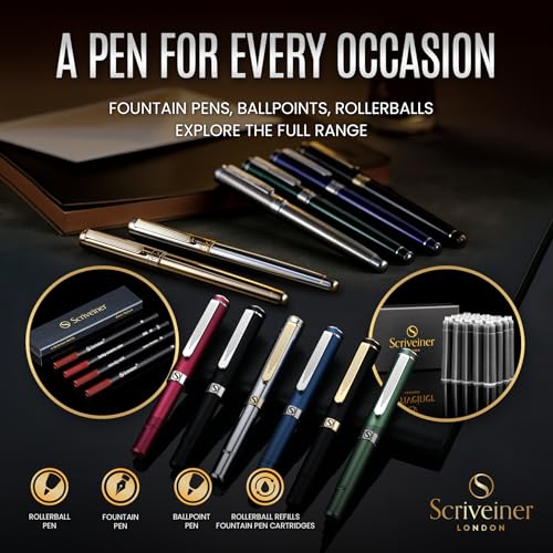Scriveiner Midnight Blue Fountain Pen - Stunning Luxury Pen with Chrome Appointments, Schmidt Nib (Fine), Best Pen Gift Set for Men & Women, Professional, Executive, Office, Nice Pens