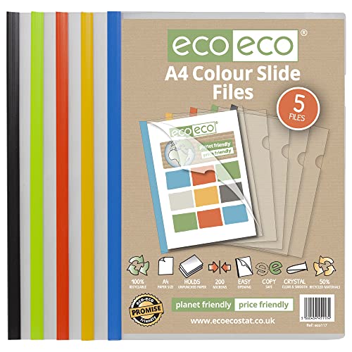 eco-eco A4 50% Recycled Bag 60 Easy Slide Files, Coloured Clip bar Project Report Files, eco117x12
