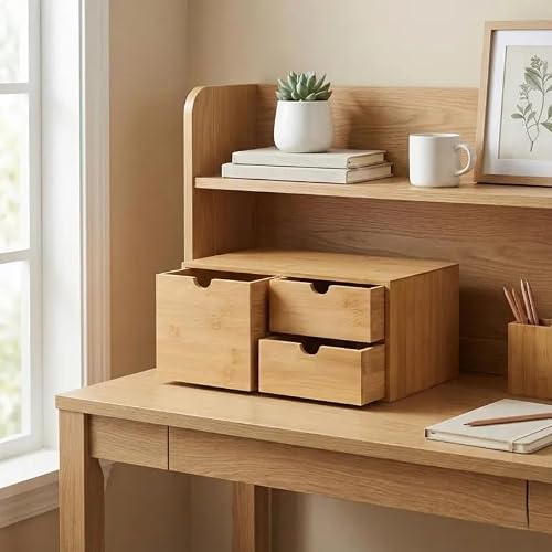 Natural Bamboo Desktop Organizer with 3 Drawers, Minimalist Desk Storage Box, Eco-Friendly Office Supplies Organizer for Home Office, Bedroom Vanity, Light Wood Color