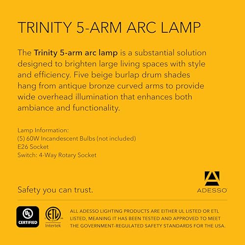 Adesso 4239-26 Trinity 5-Arm Arc Lamp, 82 in., 5 x 60W Incandescent/13W CFL, Antique Bronze Finish, 1 Floor Lamp