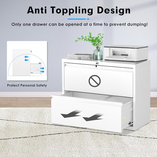 Pataku Lateral File Cabinet, 2 Drawer File Cabinet with Lock, White Filing Cabinets for Home Office, Metal File Cabinet for Hanging Files/Letters/Legal/A4(2Drawer/White)