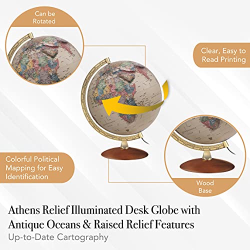 Waypoint Geographic Athens 12" Illuminated Antique Ocean-Style Relief Globe for Home and Office Decor