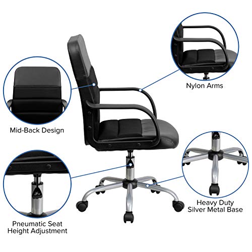 Flash Furniture Manor Mid-Back Swivel LeatherSoft Desk Chair with Headrest and Padded Arms, Adjustable Height Padded Ergonomic Office Chair, Black