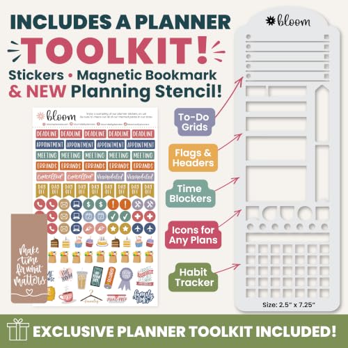 bloom daily planners HARDCOVER Planner 2027 & Stencil - 8.5” x 11" Calendar Year (January - December) Task Goal Planner for Women - Monthly & Weekly Inspirational Agenda Book with Stickers - Checkered, Café
