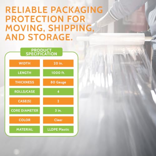 PSBM Stretch Wrap with Handles, 8 Rolls 20 Inch x 1000 Feet 80 Gauge Heavy Duty up to 800% Ultimate Stretch Clear Plastic Wrap Industrial Strength Shrink Film for Moving, Packing & Shipping