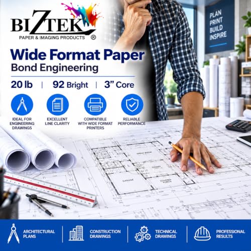 BIZTEK Wide Format Paper 30” x 500’ Rolls Bond Engineering 92 Bright, 20lb - 2 Rolls Per Carton with 3” Core