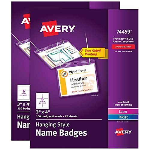 Avery® Customizable Name Badges, 3" x 4", 2 Packs, 200 Badge Holders with Cords and 204 Printable Name Tag Inserts Total (46019)