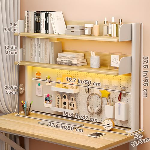 BEUDUOQI Clamp on Desk Shelf, Multipurpose 2-3 Tier Desk Hutch with Pegboard, Wood Desktop Countertop Storage Organizer Height Adjustable,Desktop Bookshelf for Dorm,Office Home,Walnut 3tier 31in
