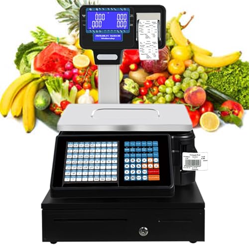 Nicvrea Commercial Cash Register,Label Printing Scales, Digital Barcode Weighing Scales with Pole Display, Back Front Dual Display, Receipt Label Printing Scale with Cash Register Machine+Cashbox