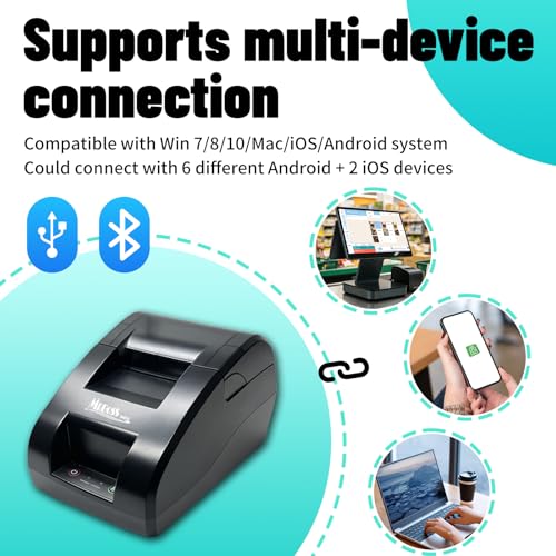 MRBOSS 2“ 58mm POS Cash Register Portable Thermal Receipt Printer with High Speed Printing USB Bluetooth Interface for Supermarket Restaurant Retail Sales Kitchen Support Windows Android MAC