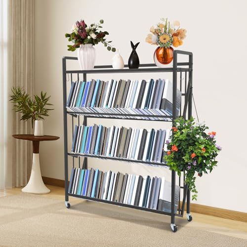 4 Tier Rolling Book Cart 35.4 in Black Metal Shelf