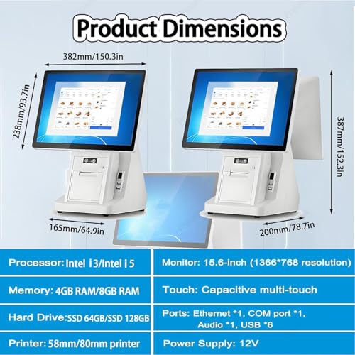 Pnpaea Store Cashier Display Screen,Pos System Cash Register,with Receipt Printer,Touch Screen 15.6in,for Business Restaurants Retail DualScreen-C（58mm）