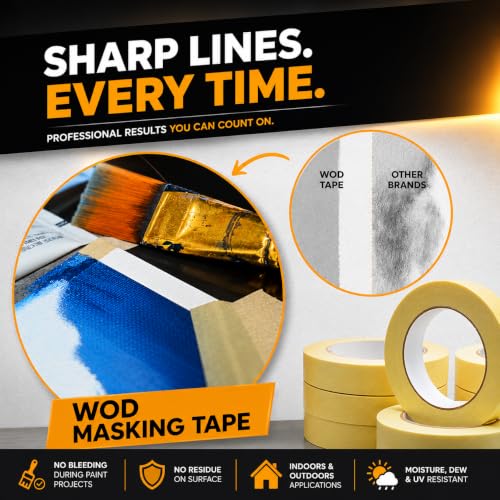 WOD MT5 Utility Grade Masking Tape, 1/4 inch x 60 yds. (Pack of 144) for Home or Office air-Dry Painting, Labeling, & Packing. Leaves no Residue