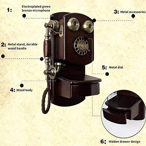 Qendsx Retro landline- Corded Phones Wall-Mounted Vintage Telephone with Wood and Metal Body, European-Style Rotary Fixed Telephone for Home Hotel