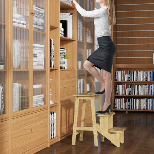 Costzon Folding 3 Step Stool, 3 in 1 Wooden Step Ladder with Handle, Non-Slip Pedal, Multifunctional Storage Shelf, Flower Rack for Kitchen, Library, Garage, Foldable Step Stool for Adults Kids