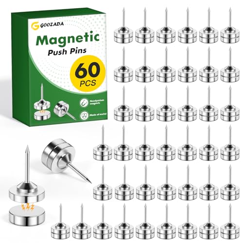 GOOZADA 60 Pack Magnetic Push Pins, Silver Magnet Thumb Tacks, Metal Magnet Tacks, Magnetic Clips, Push Pins for Cork Board, Bulletin Board, Photo Wall, Wall