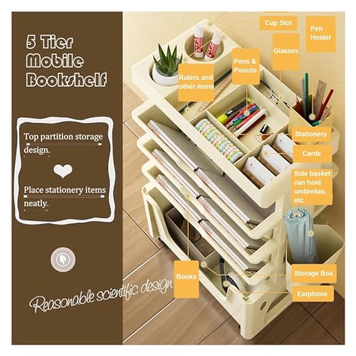 TUOYIBO Mobile Bookshelf,Mobile Bookshelf with Wheels, Mobile Book Shelf Cart 5 Tier Book Rack Storage Bookshelf Moveable Bookshelf on Wheels,Removable Table Side Storage Basket 5 Layers, (Color :