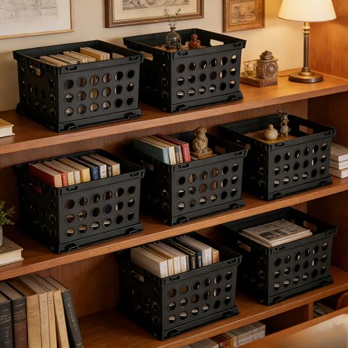 CNEIESD 6-Pack File Crate, Storage Crates, Plastic Storage Bins for Letter & Files, Stackable Organizer Box with Handles, Black File Organizer for Home Office & Garage, 17.25" L x 14.25" W