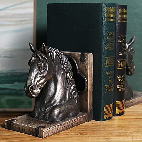 Decorative bookends,Decorative Bookends Classic Horse Head Bookends 1 Pair of Sculptures Decorative Desktop Book Stopper Supports Resin Vintage Bookend for Office Bookshelf Book Ends