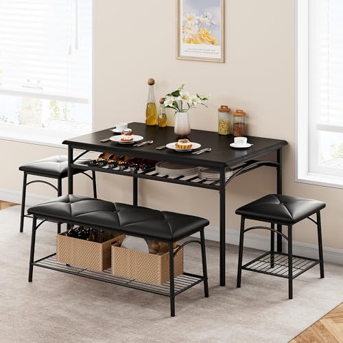 MOVECOM Dining Table Set for 4, 4-Piece Kitchen Table Set with Upholstered Bench & 2 Square Stools, Metal Frame Dinette Set with Storage Shelves, Space-Saving Dining Furniture for Small Spaces, Black