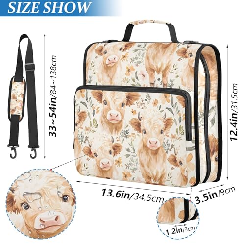 FJDENG Cute Highland Cows Waterproof 13" Binder Bag Organizer with Expandable Storage,3-Ring Zipper Binder with Shoulder Strap for School & Office