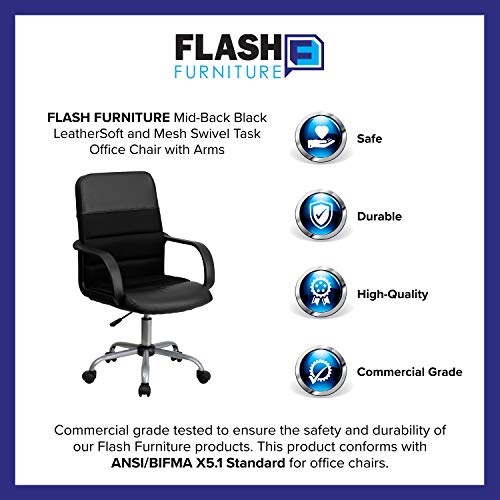 Flash Furniture Manor Mid-Back Swivel LeatherSoft Desk Chair with Headrest and Padded Arms, Adjustable Height Padded Ergonomic Office Chair, Black