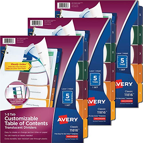 Avery Ready Index Translucent Multicolor Table of Contents Dividers DIVIDER,RDY INDX,5TB,AST (Pack of15)