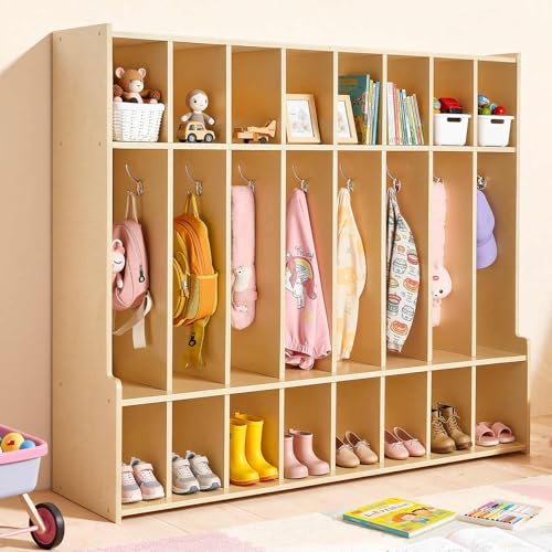 VEVOR 8-Section Coat Locker with Bench, Kids Lockers with 16 Hooks & Non-Slip Mat, Classroom Cubbies for Daycare, Home, Kindergarten- Natural