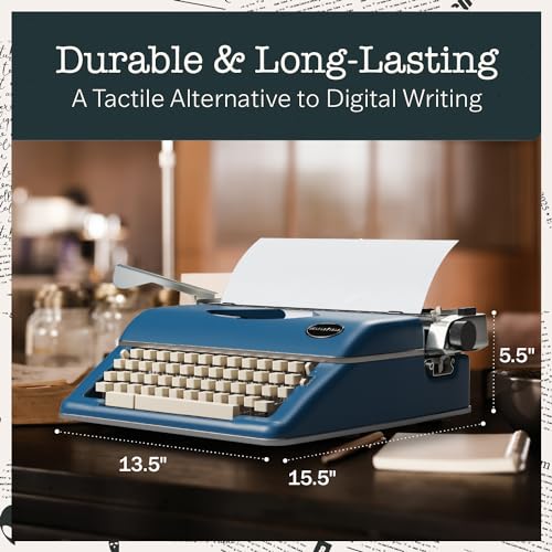 Maplefield Vintage Manual Typewriter - Tactile Typewriter Keyboard - Blue Accent for Office Desk Decor - Portable Typing Machine - Blue