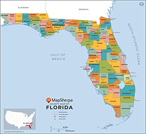 Florida Counties Map - Large - 48" x 44.25" Laminated