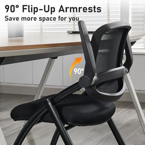 BoisKom Folding Office Chair Flip Up Arm，Conference Room Chairs with Wheels, Foldbable Office Desk Chair with Adjustable Back Rest for Training Room, Guest Reception Chair (Black)