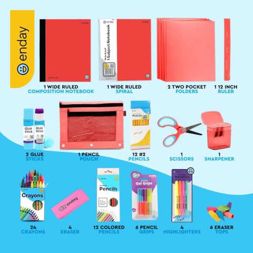 Enday Back to School Supplies for Kids, School Supply Box Grades K-5 (Red, 12 Kits)